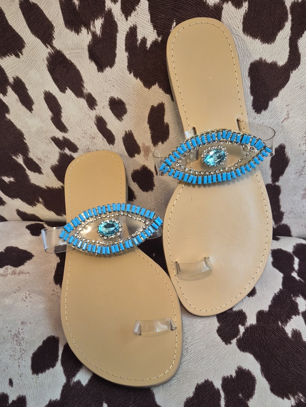 Blue Evil Eye Rhinestone Tan Sandals🧿🧿🧿